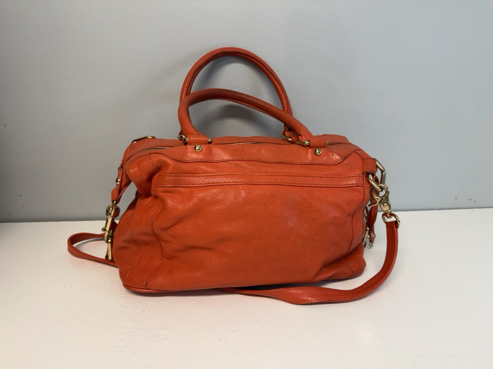 Rebecca Minkoff Leather M.A.B. Satchel Bag Orange Gold Hardware Crossbody