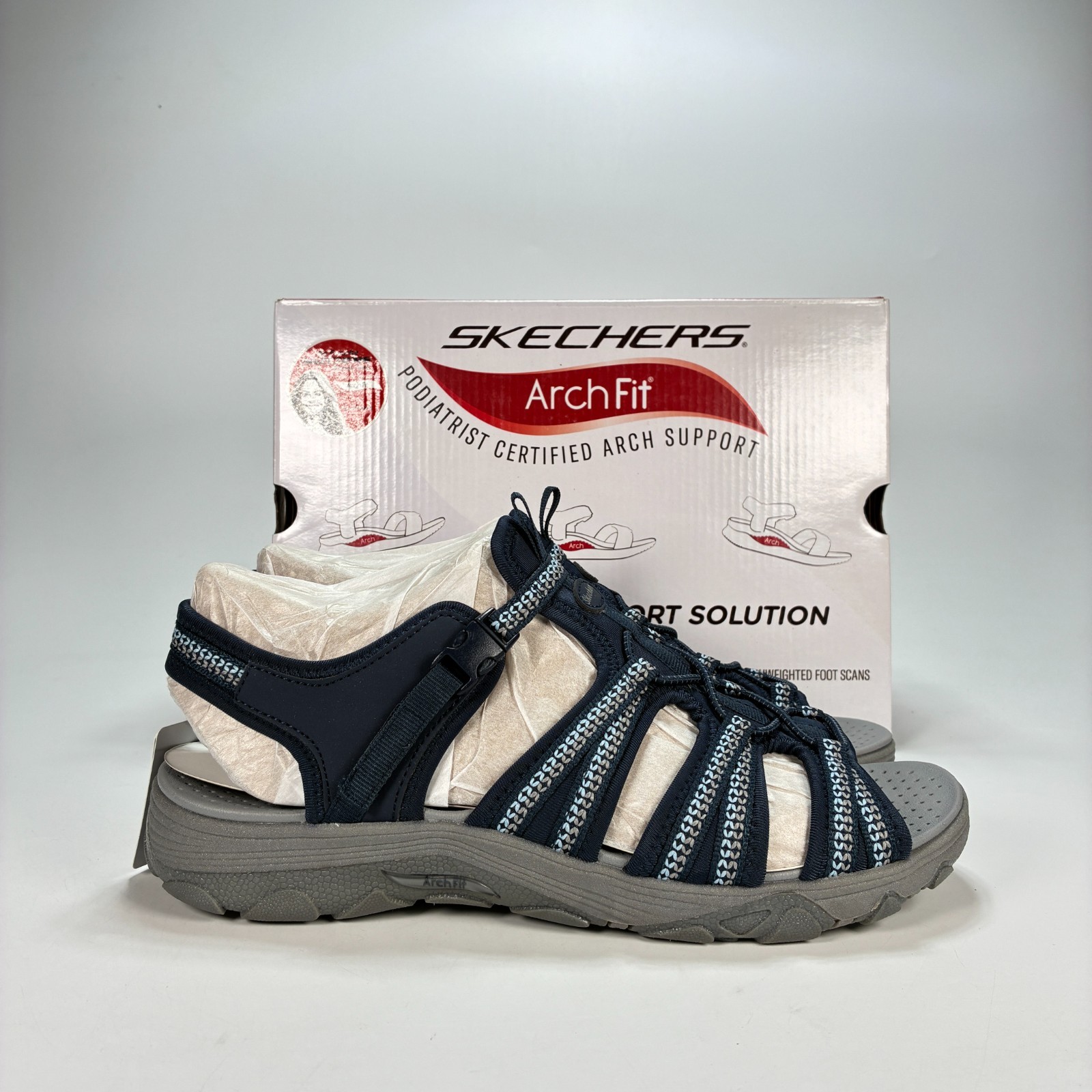 Skechers Arch Fit Reggae Groundbreaking Navy Fisherman Sandals Women’s Size 11