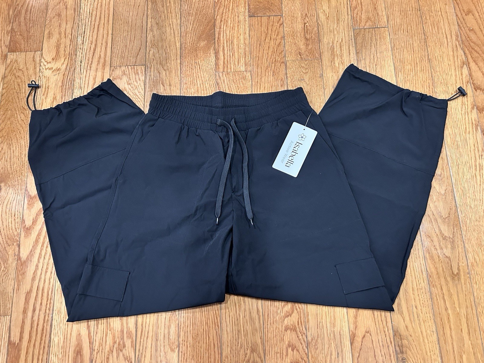 Isabella Active Wear Black Cargo Pants S Wide Leg Cinched Parachute Joggers