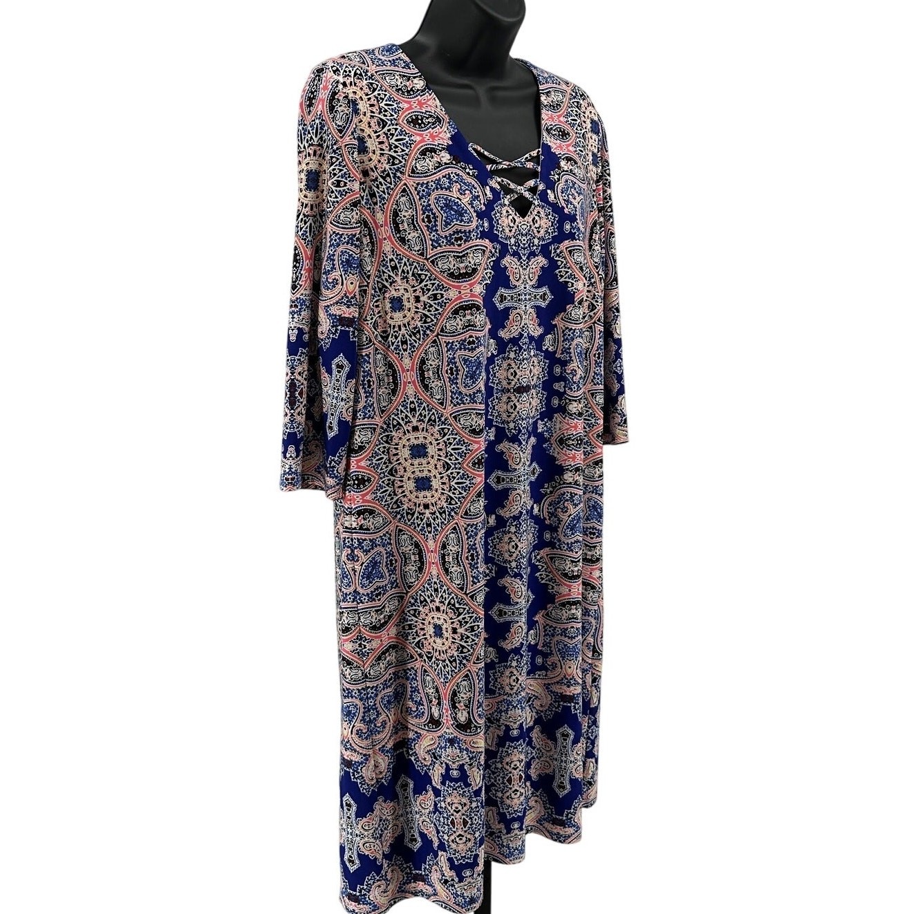 WISP Shift Dress Womens 12 Blue Tribal Print 3/4 Sleeves Lined Pullover Stretch