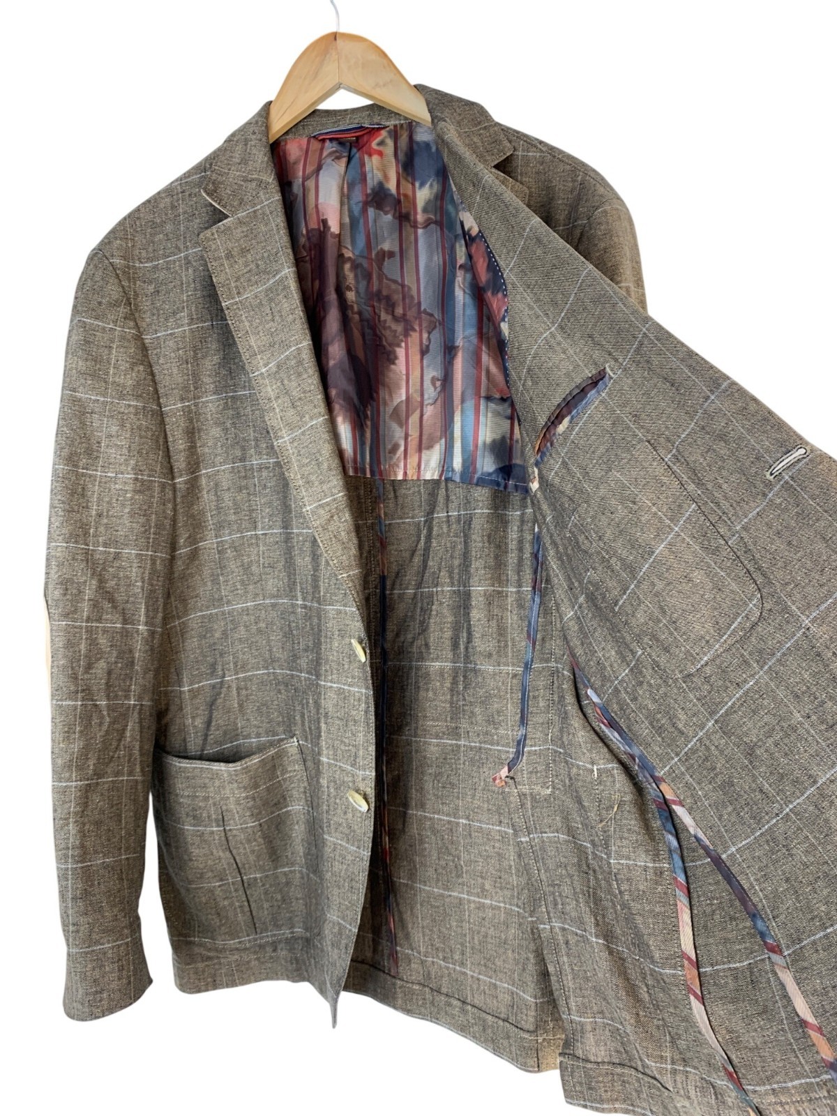 Kroon Mens Silk & Linen Window Pane Hunting Fray Blazer Size 42R Elbow Patches