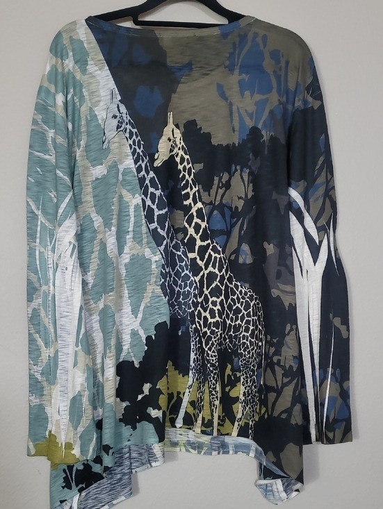 Jess & Jane Kenya Giraffe Wearable Art Tunic Top Size 3X Long Sleeve Made USA
