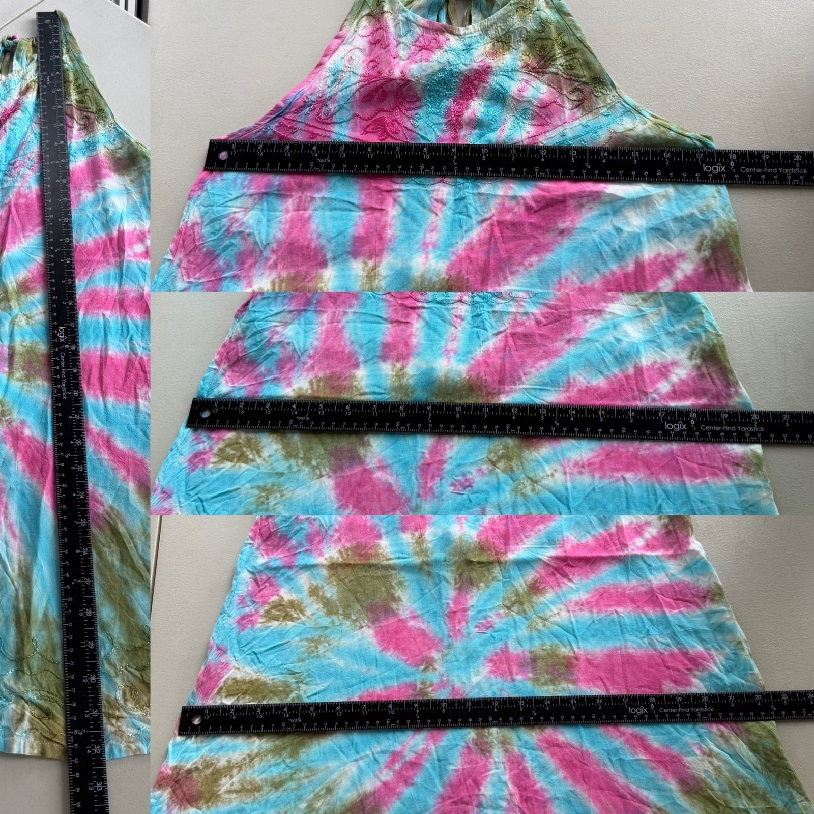 India Boutique One Size Pink Blue Green TieDye Embroider Halter Mini Dress Beach