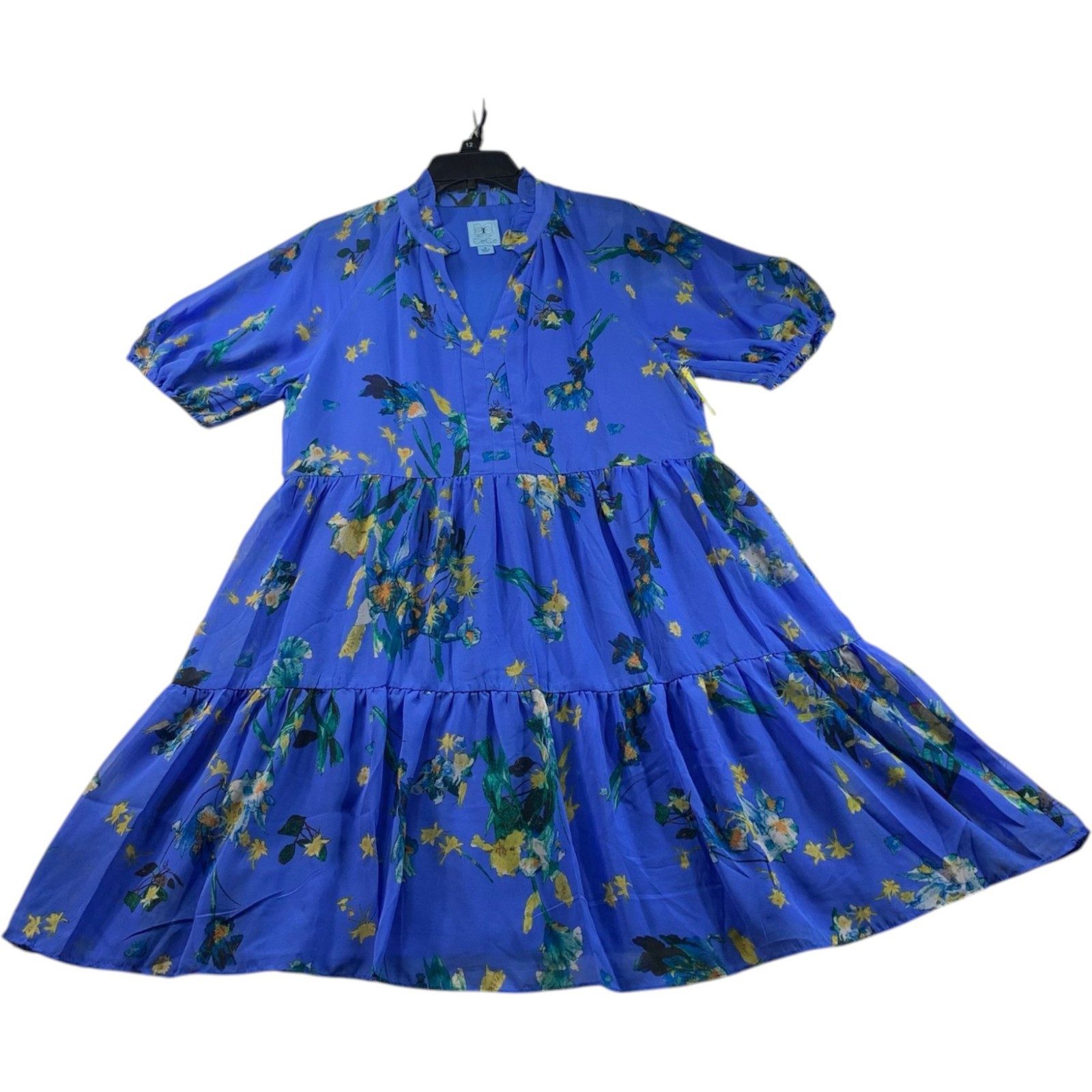 CeCe Dress Womens Size Medium Blue Floral Ruffled Puff Sleeve Vneck New