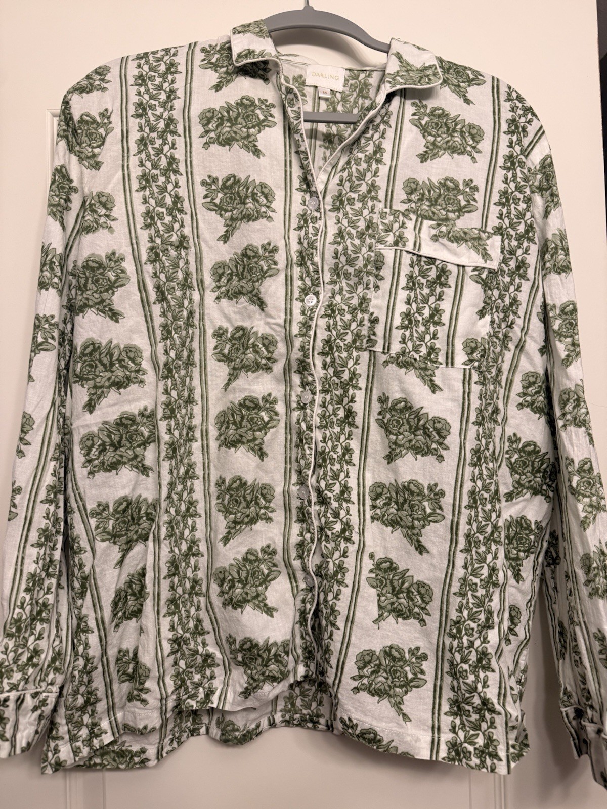 DARLING Loungewear Pajama Set – Floral Garden Green Button Long Sleeve – Size M