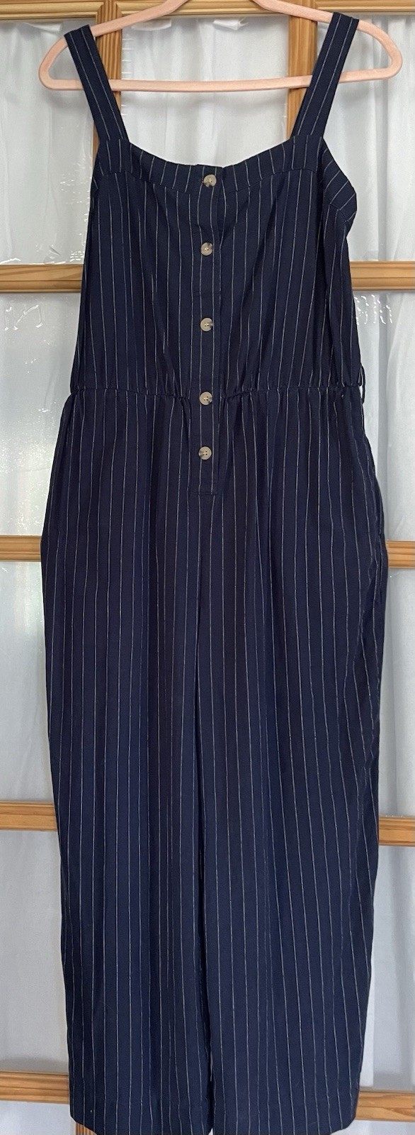 A.N.A. Wide Leg Crop Jumpsuit Womens M Navy Linen Blend Pinstripes Nautical Boho