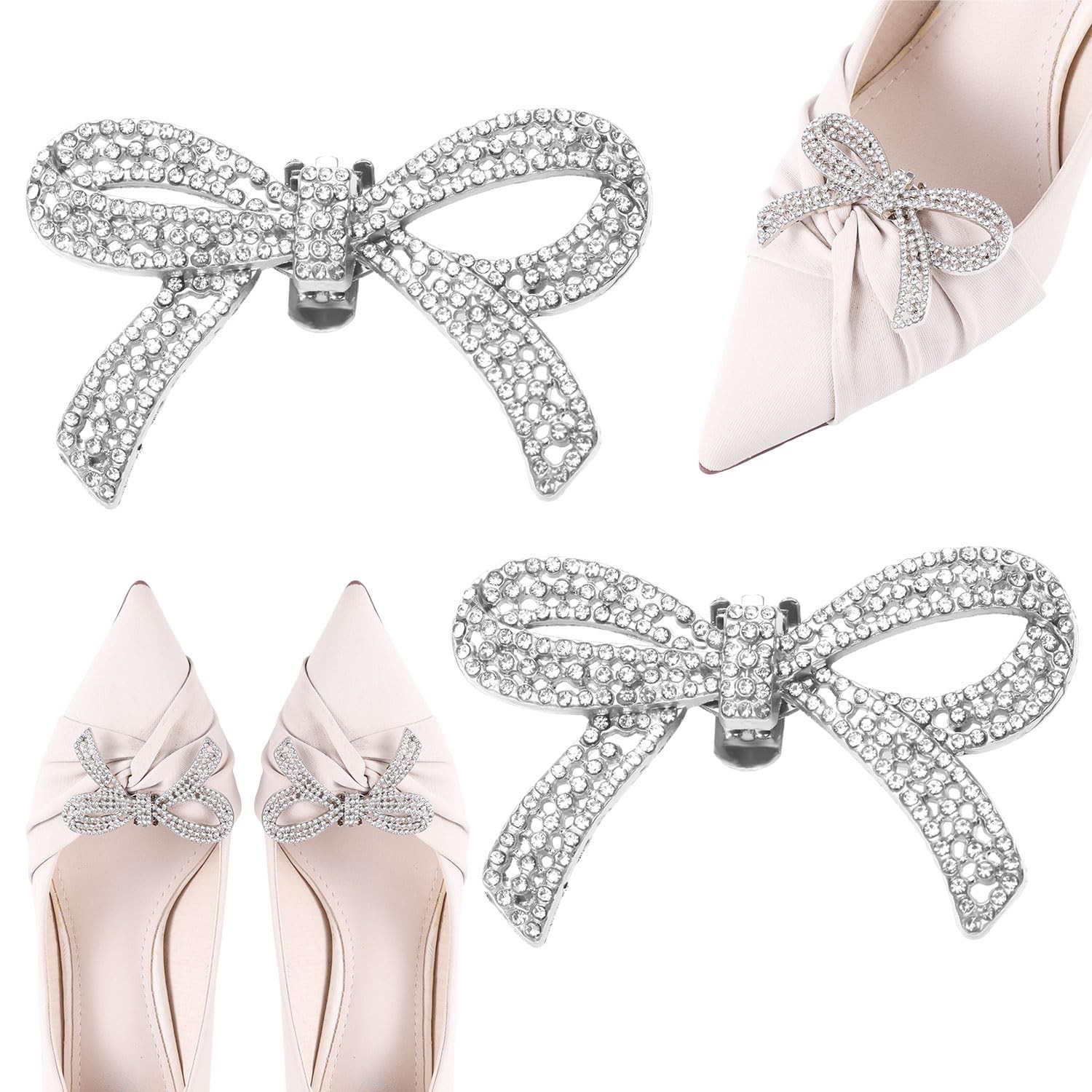 Mikovivi Silver Rhinestone Bow Shoe Clips, 2.36×1.57in, Decorative Accessories