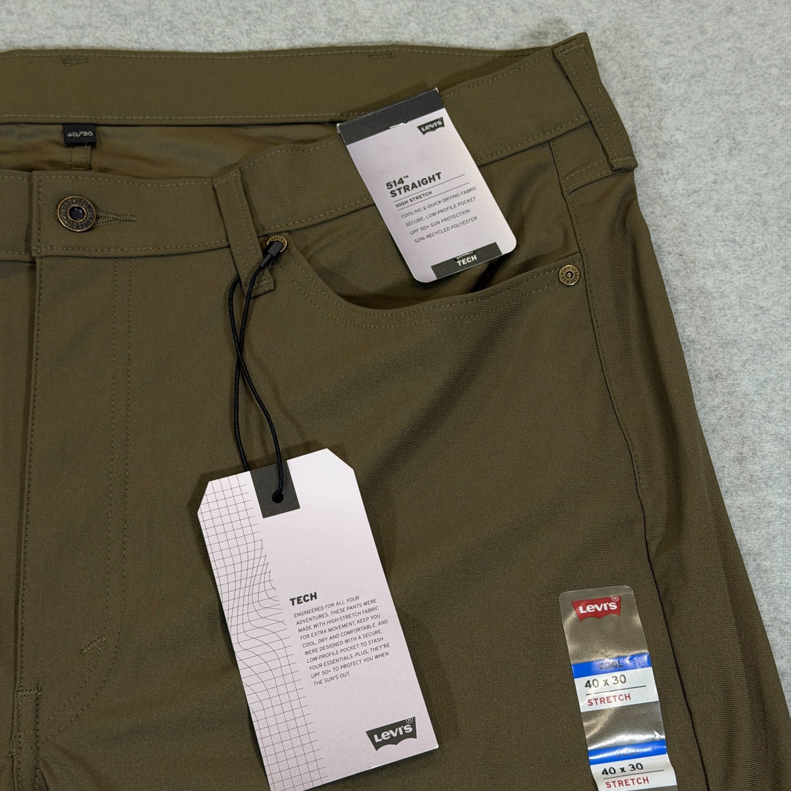 Levis Mens 514 Straight Fit Tech Pants Crocodile Brown Stretch Fit Cooling 40×30