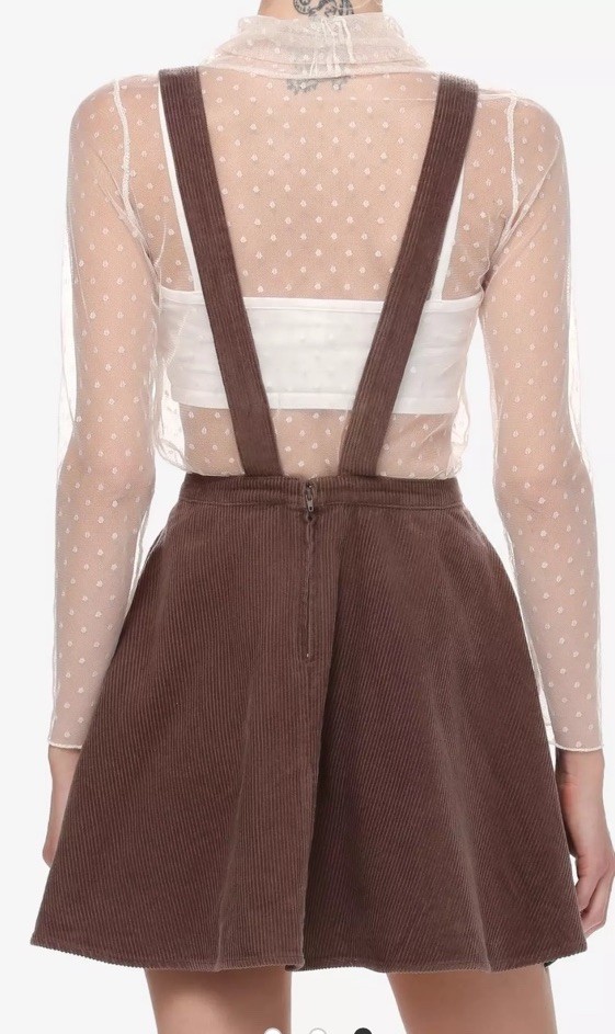 Thorn & Fable Ghost Mushroom Corduroy Skirtall Brown Embroidered S Overall Dress