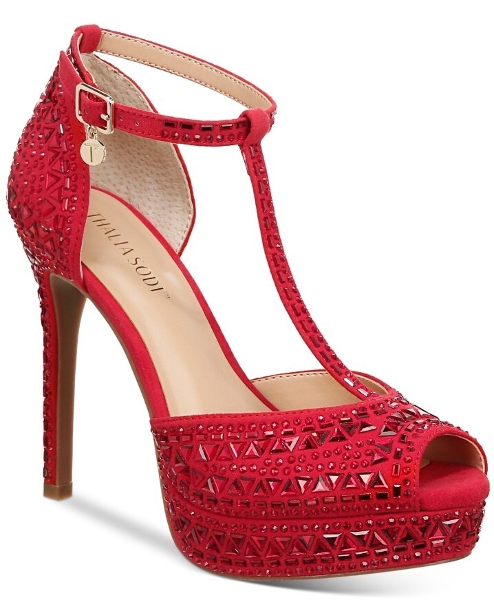 Thalia Sodi Women’s Chace Embellished T-Strap Platform Pumps – Color Gold & Red