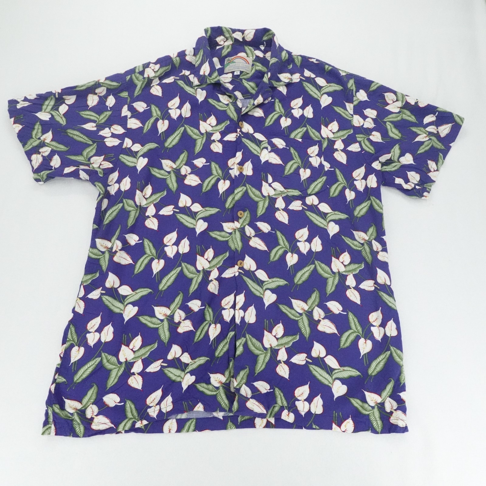 Paradise Found Shirt Mens Large Blue Floral Hawaiian Camp Resort Aloha Vacation