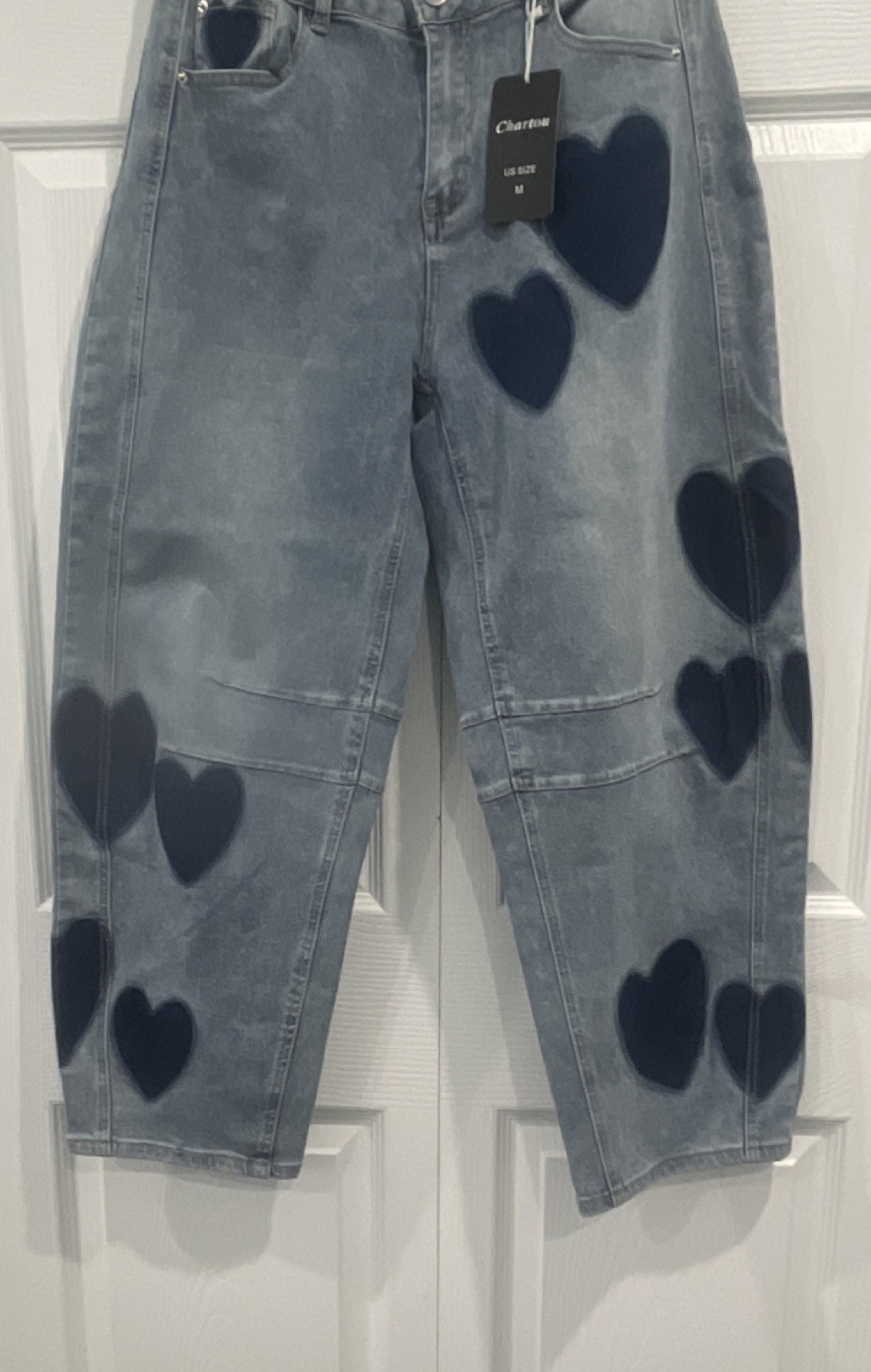 Chartou Women’s Blue Denim Heart Pattern Jeans, Button Closure, 5-Pocket, M