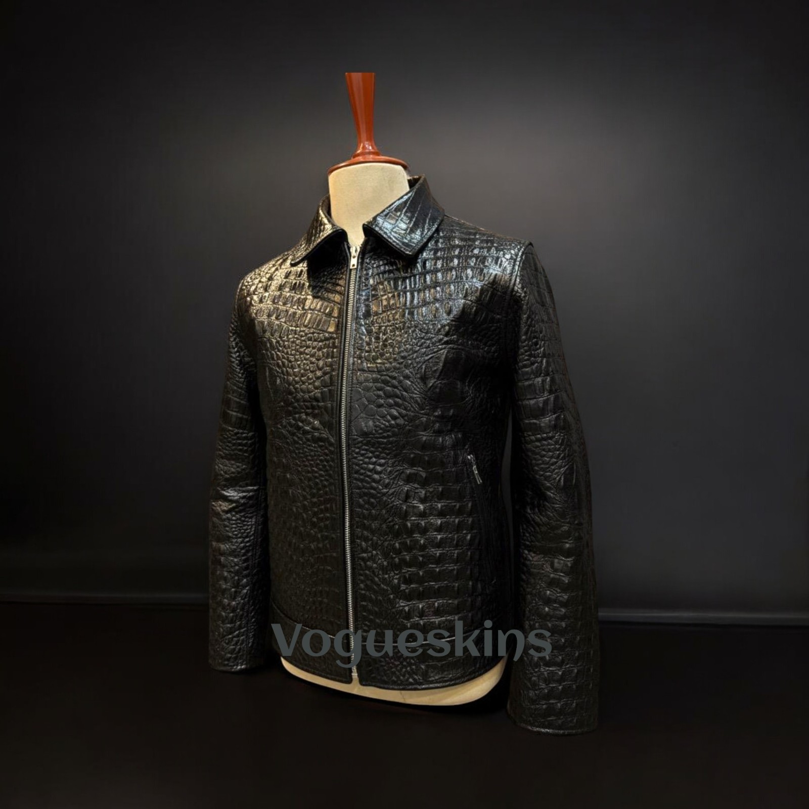 Men’s Black Leather Jacket Crocodile Embossed Pattern Alligator Leather Jacket