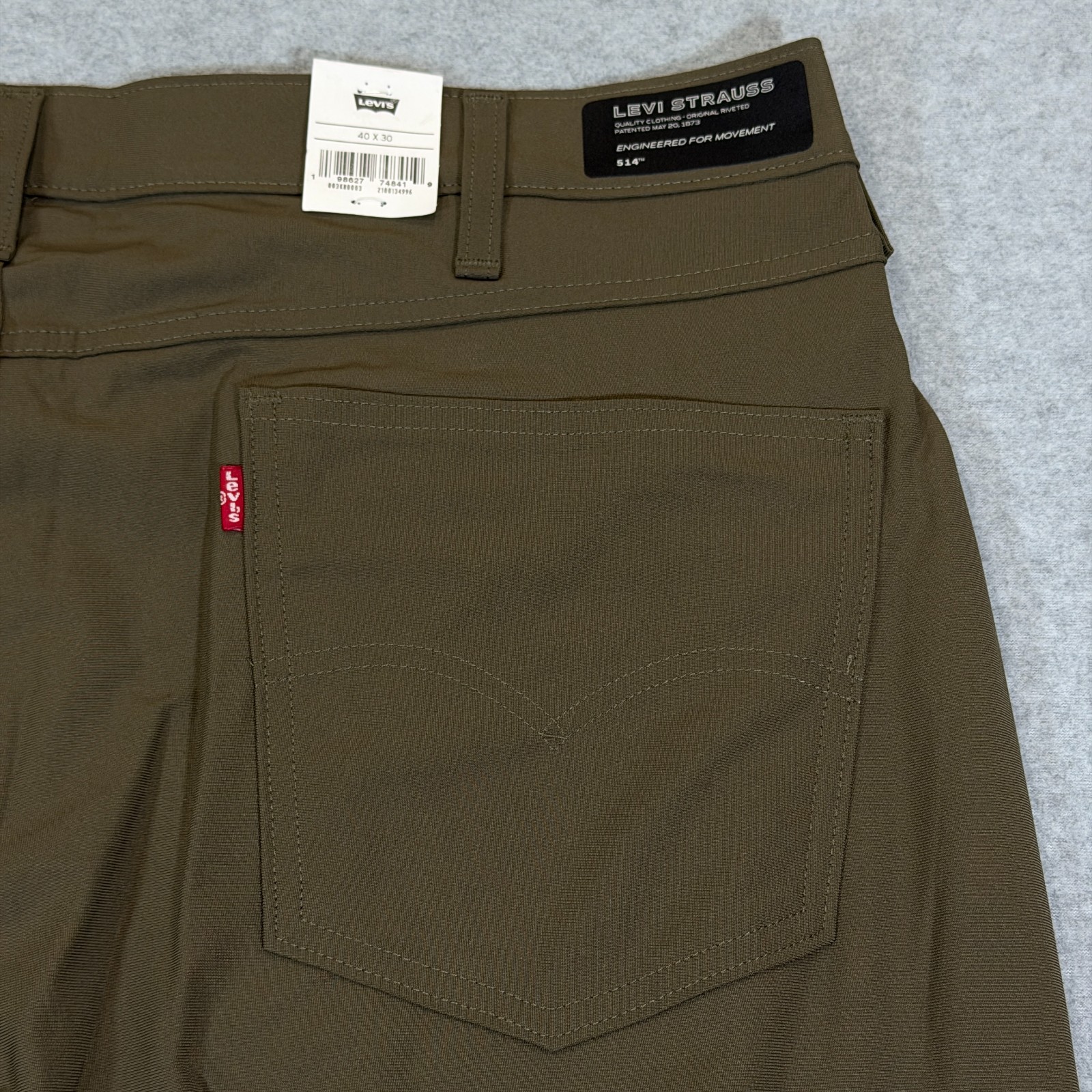 Levis Mens 514 Straight Fit Tech Pants Crocodile Brown Stretch Fit Cooling 40×30