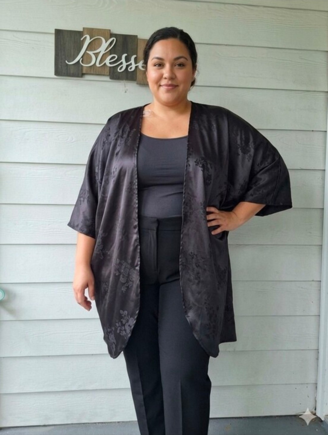 Time and Tru Plus 2XL-3XL Black Floral Satin Open Front Kimono