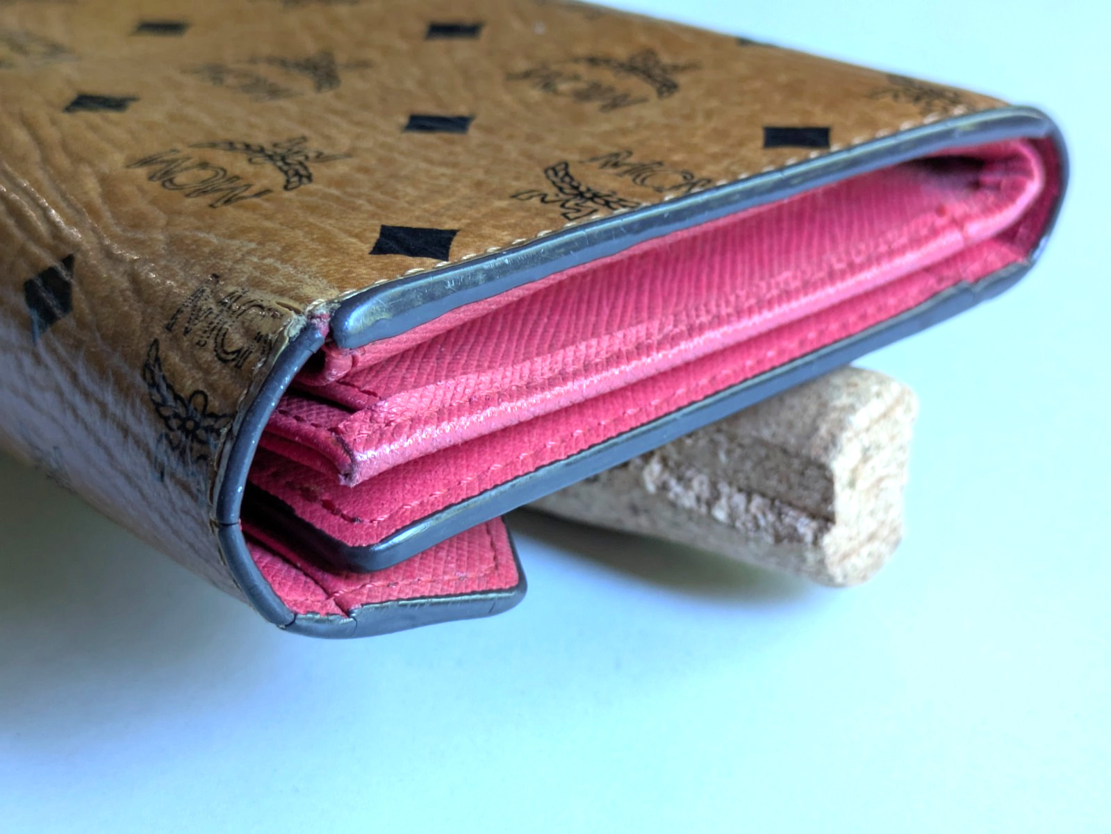MCM Visetos Flap Long Wallet Cognac Brown Pink Bifold Authentic W7.5in H3.5in