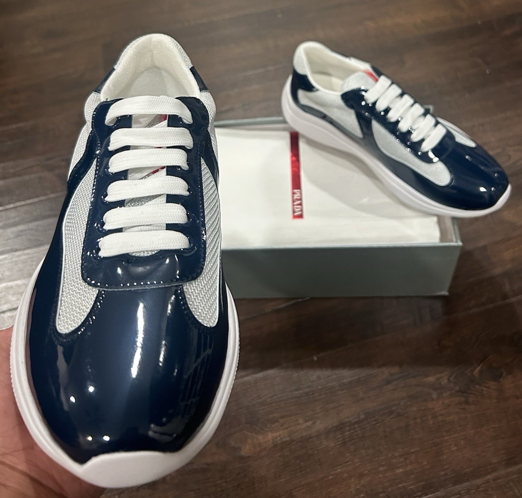 PRADA Men’s Blue/White Colorblock Logo Low Top Lace-Up Athletic Sneakers