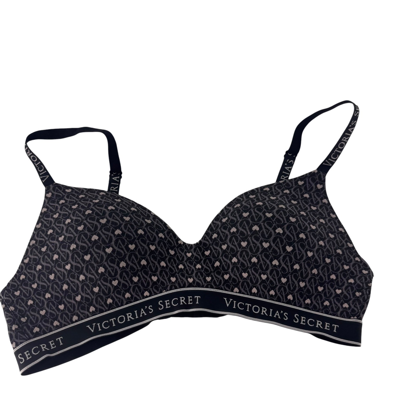 Victoria’s Secret Wireless T-Shirt Bra 36C Black Monogram Heart Logo Strap