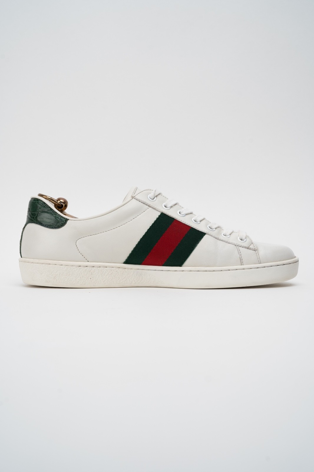 Gucci Ace Men’s White Leather Sneakers Green Red Web Stripe 386750 Size 8