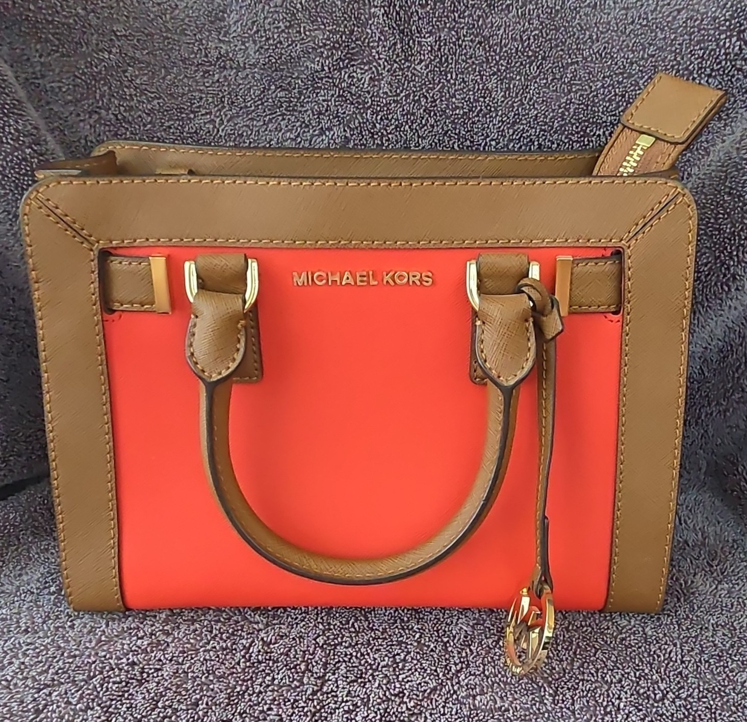 Michael Kors Small Orange & Brown Satchel Top Handle Zip, Detachable Strap Charm