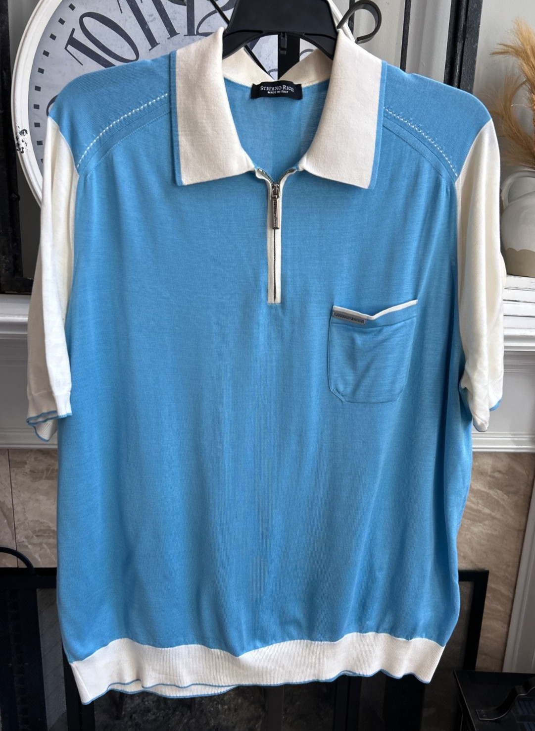 STEFANO RICCI men’s 100% silk quarter zip polo shirt – blue / white – size XL