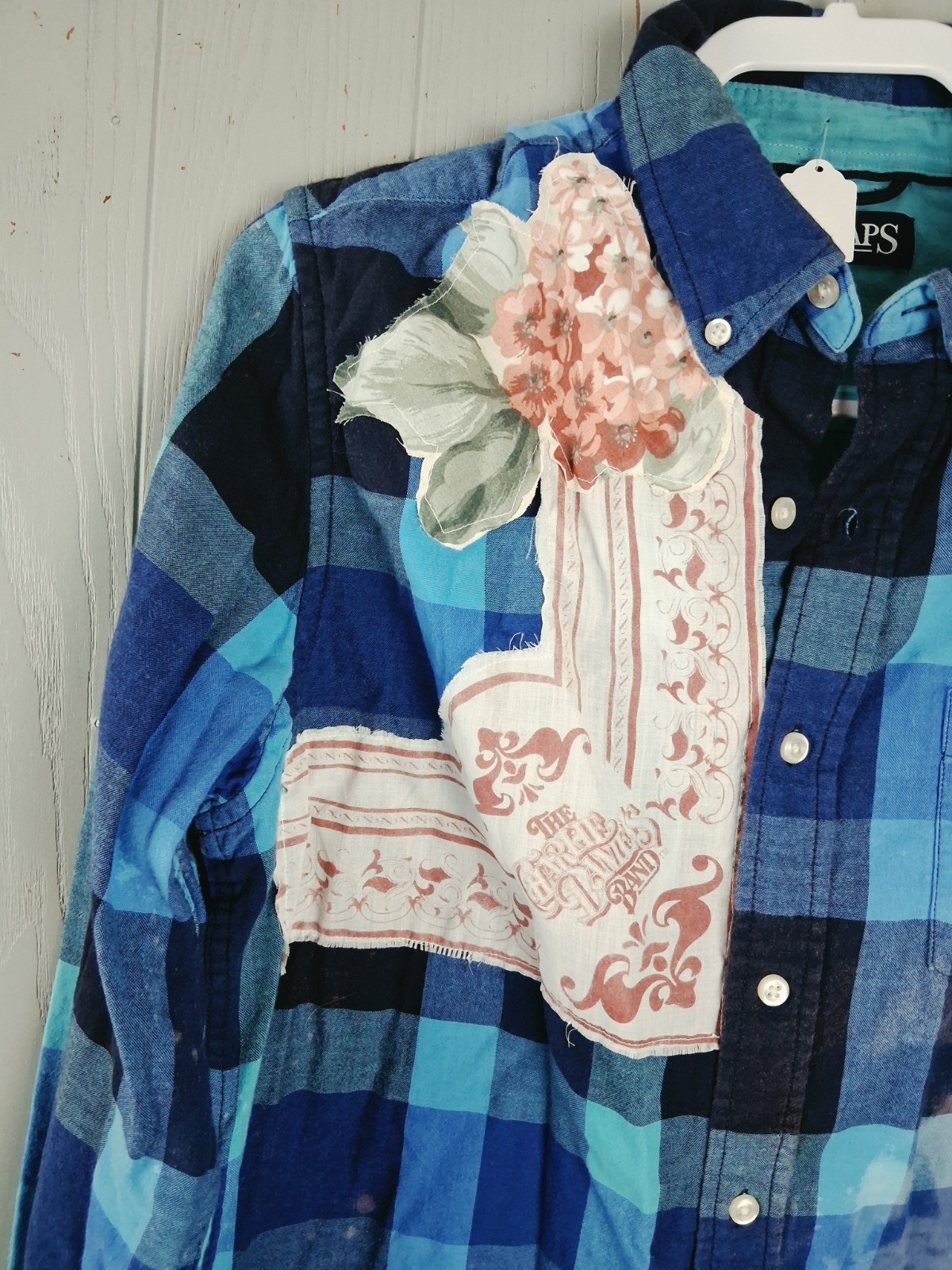 Upcycled Flannel Shirt Shacket Womens M Bleached Mushrooms Lace Crochet Cottage