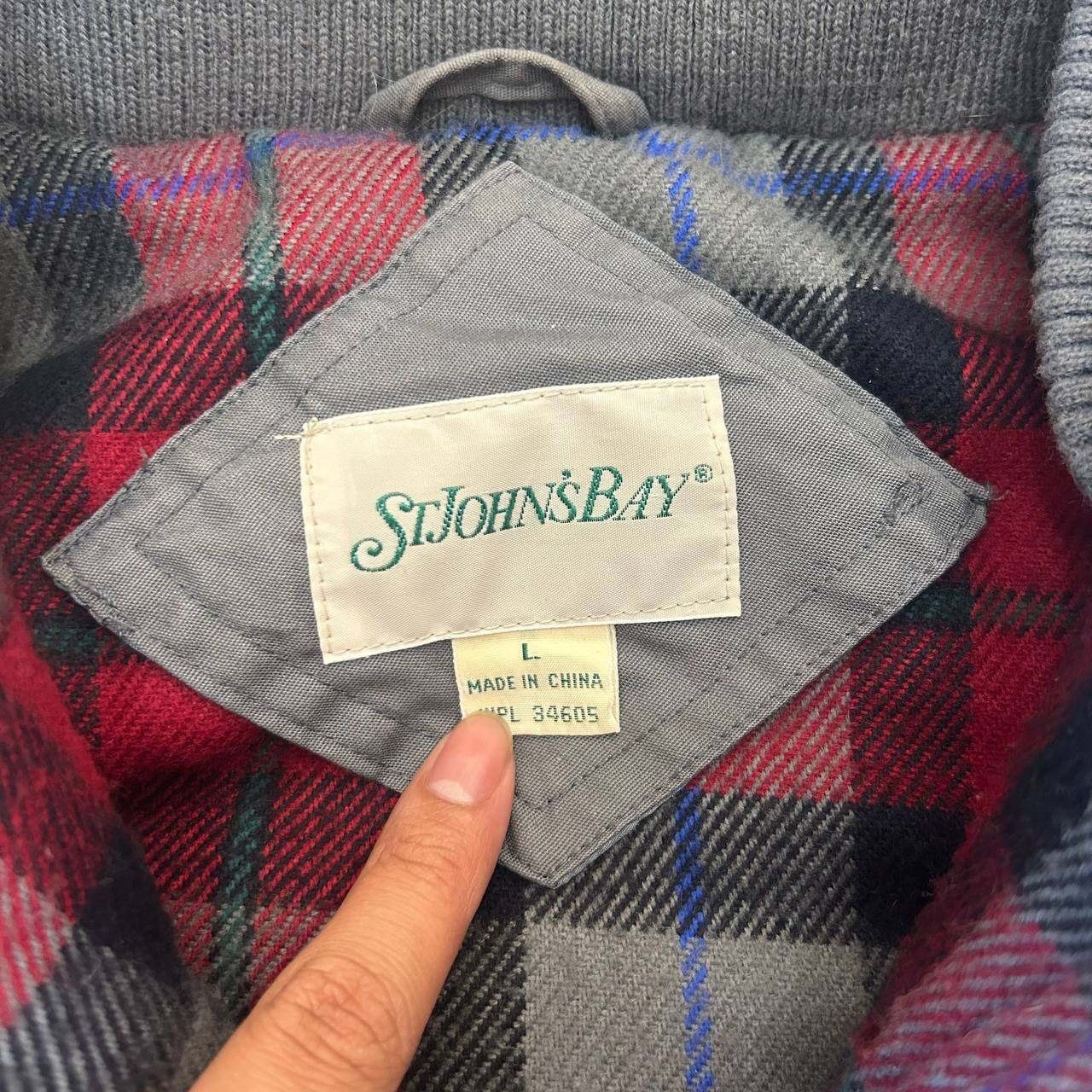 St Johns Bay Parka Chore Coat Size L Gray Flannel Lined Insulated Removable Hood