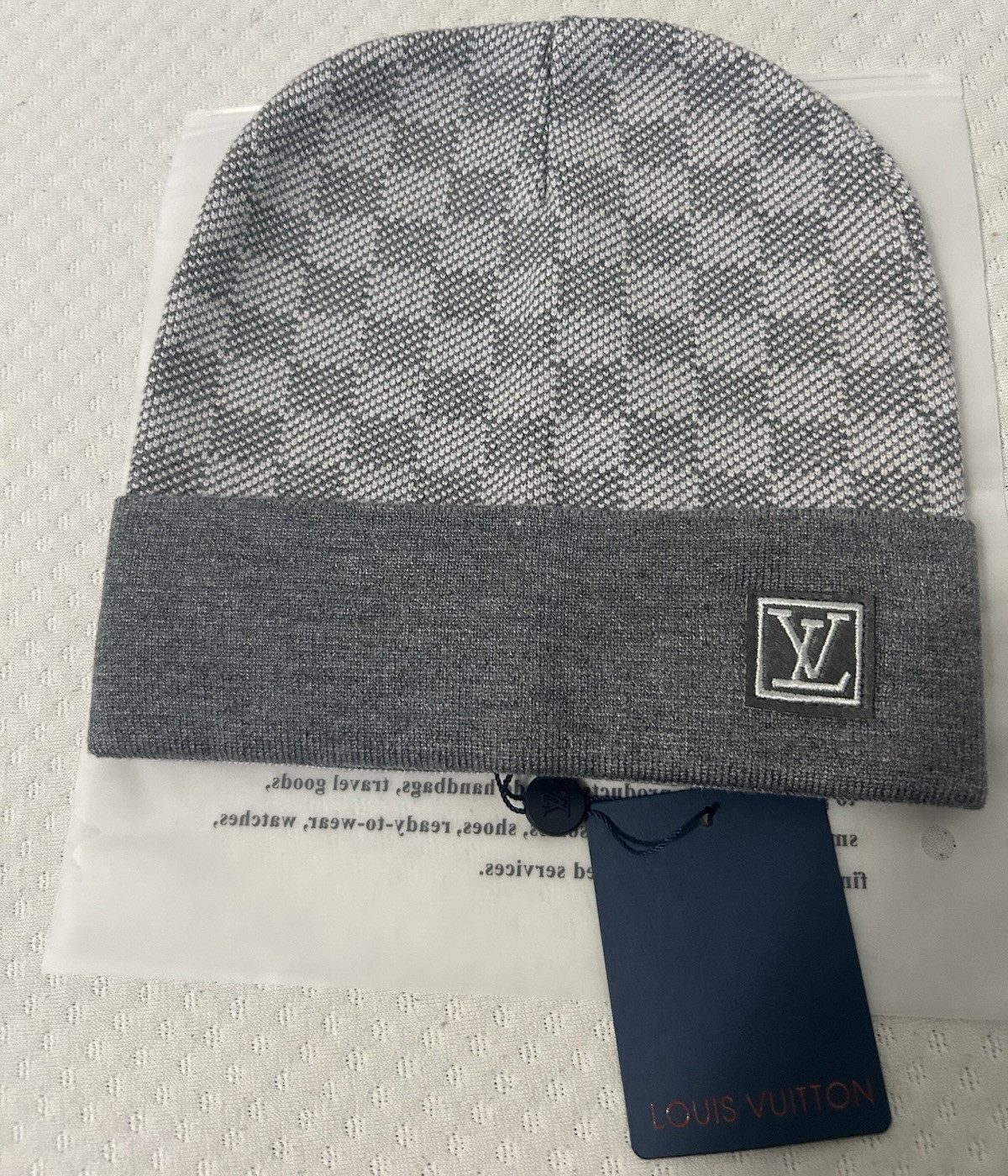 Louis Vuitton Gray Check Beanie Hat One Size Men’s with LV Logo Patch