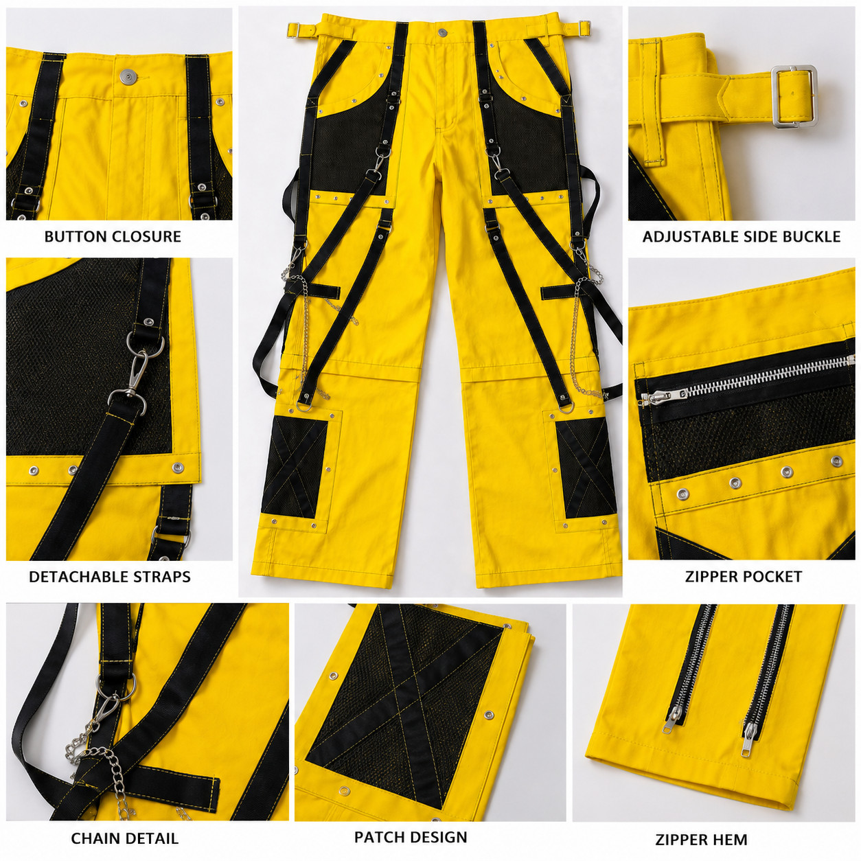 Yellow Techwear Cargo Pants Black Straps Utility Tactical Streetwear Trouser