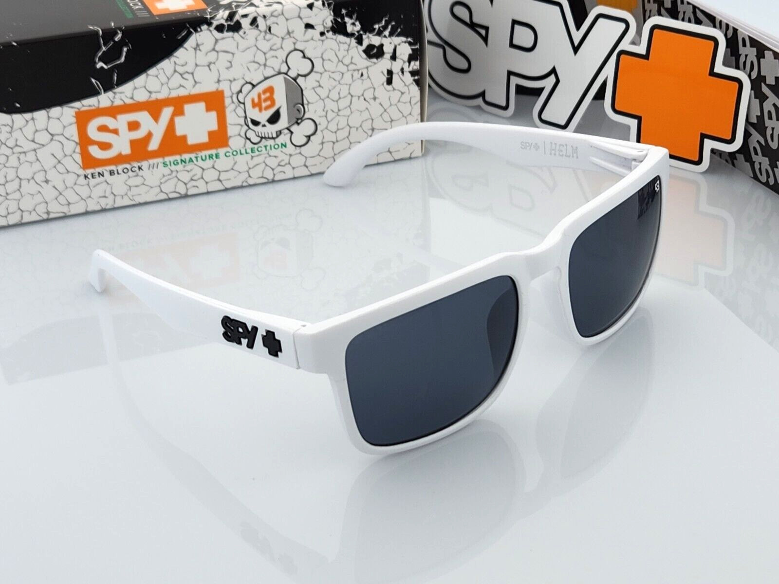 NEW Spy+Optic Helm Sunglasses Matte White Dark Smoke Tint Lens Black Logo