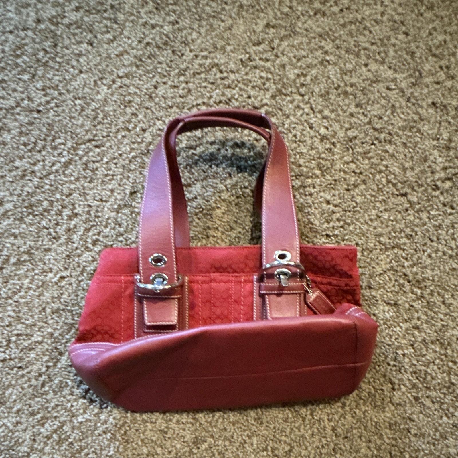 Coach Red Signature Logo Small Satchel Top Handle Purse Double Handles