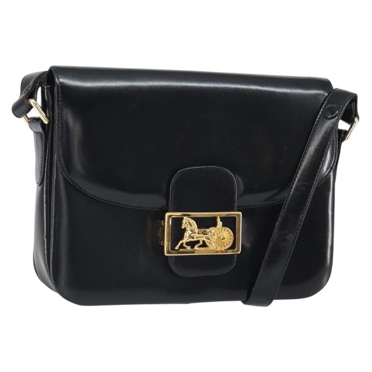 CELINE Horse Carriage Shoulder Bag Leather Black Gold Auth kk609