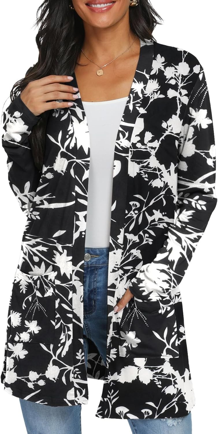 Womens Open Front Long Sleeve Cardigan Lightweight Casual Knit Sweater