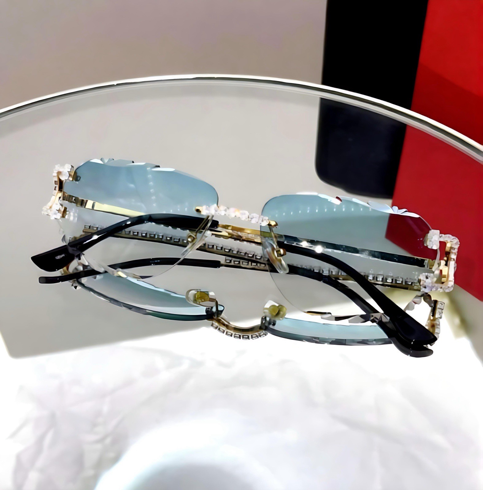 Luxury Rimless Round Cut Sunglasses Green Lens Gold Frame with High-Quality
