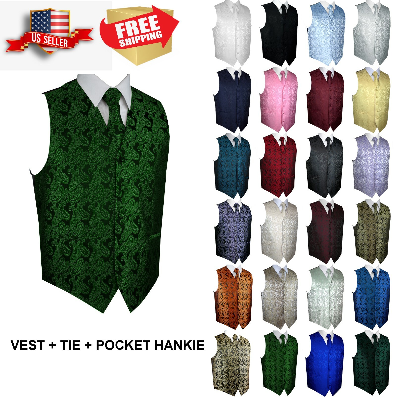 XS-6XL Men’s Paisley Formal Tuxedo Vest, Tie & Hankie set. Wedding, Prom, Cruise