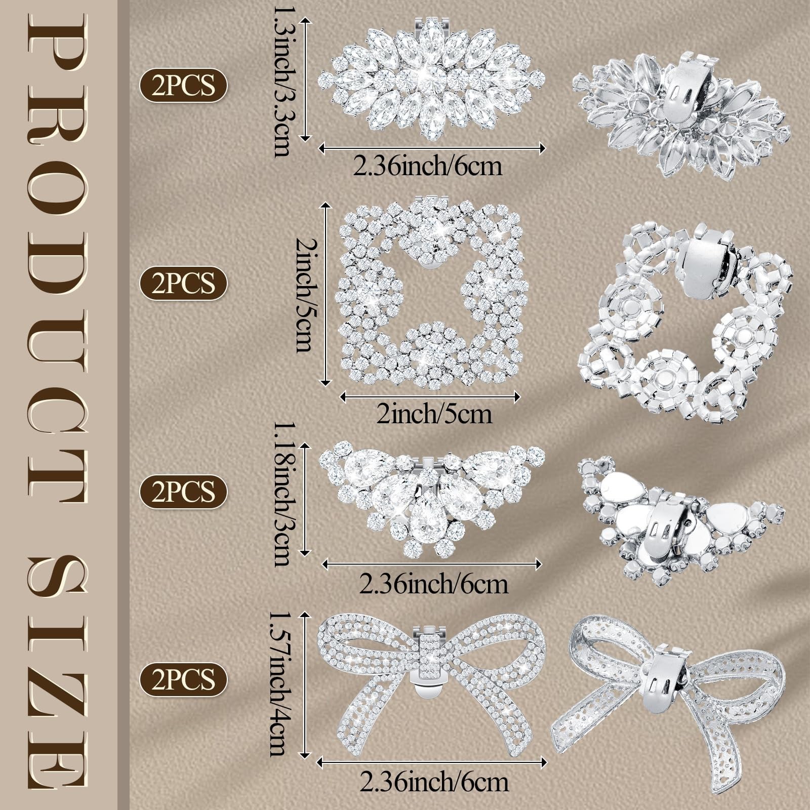 4 Pairs Rhinestone Pearl Bow Square Wing Shoe Clips for Women Charms