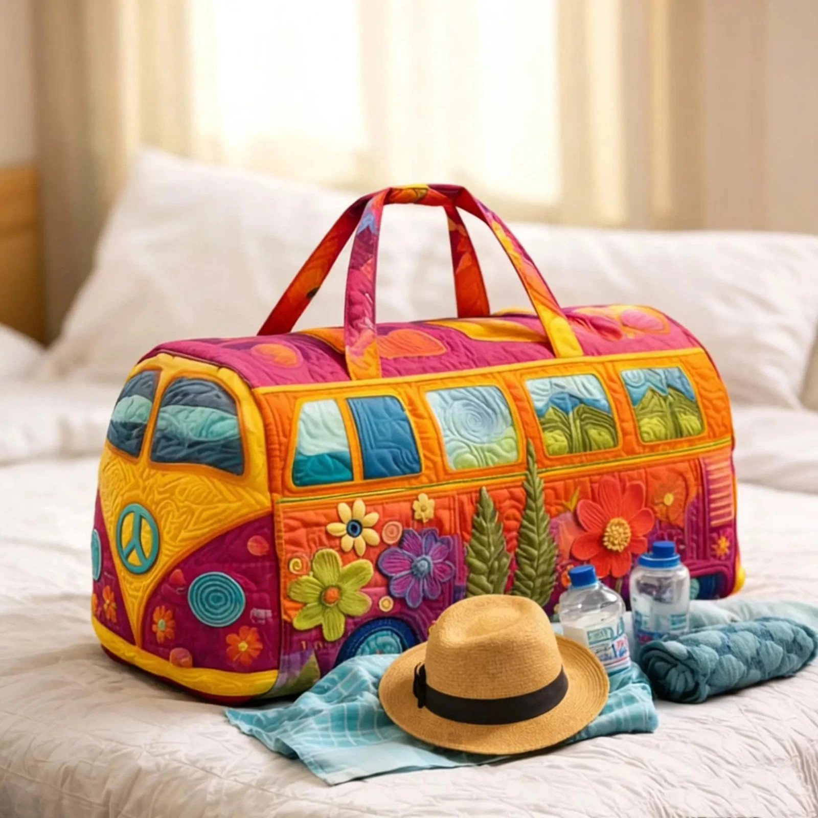 Unisex Boho Quilted Weekender Bag – Large Hippie Van Quilted Duffle Bag Carry-on
