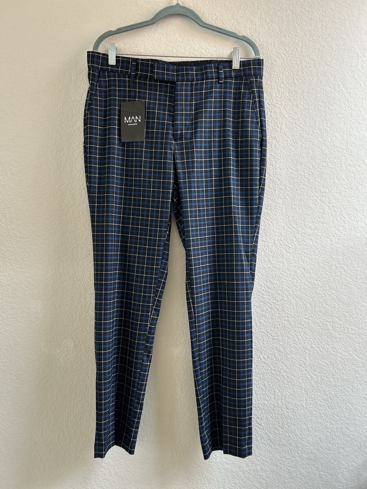 Man BoohooMan Pockets Skinny Navy Check Suit Trouser Pants Size 32