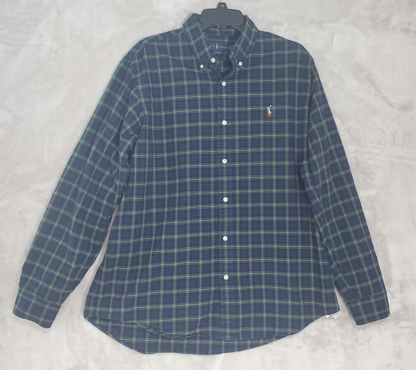 Polo Ralph Lauren Shirt Mens XL Classic Fit Tartan Plaid Oxford Blue Green EUC