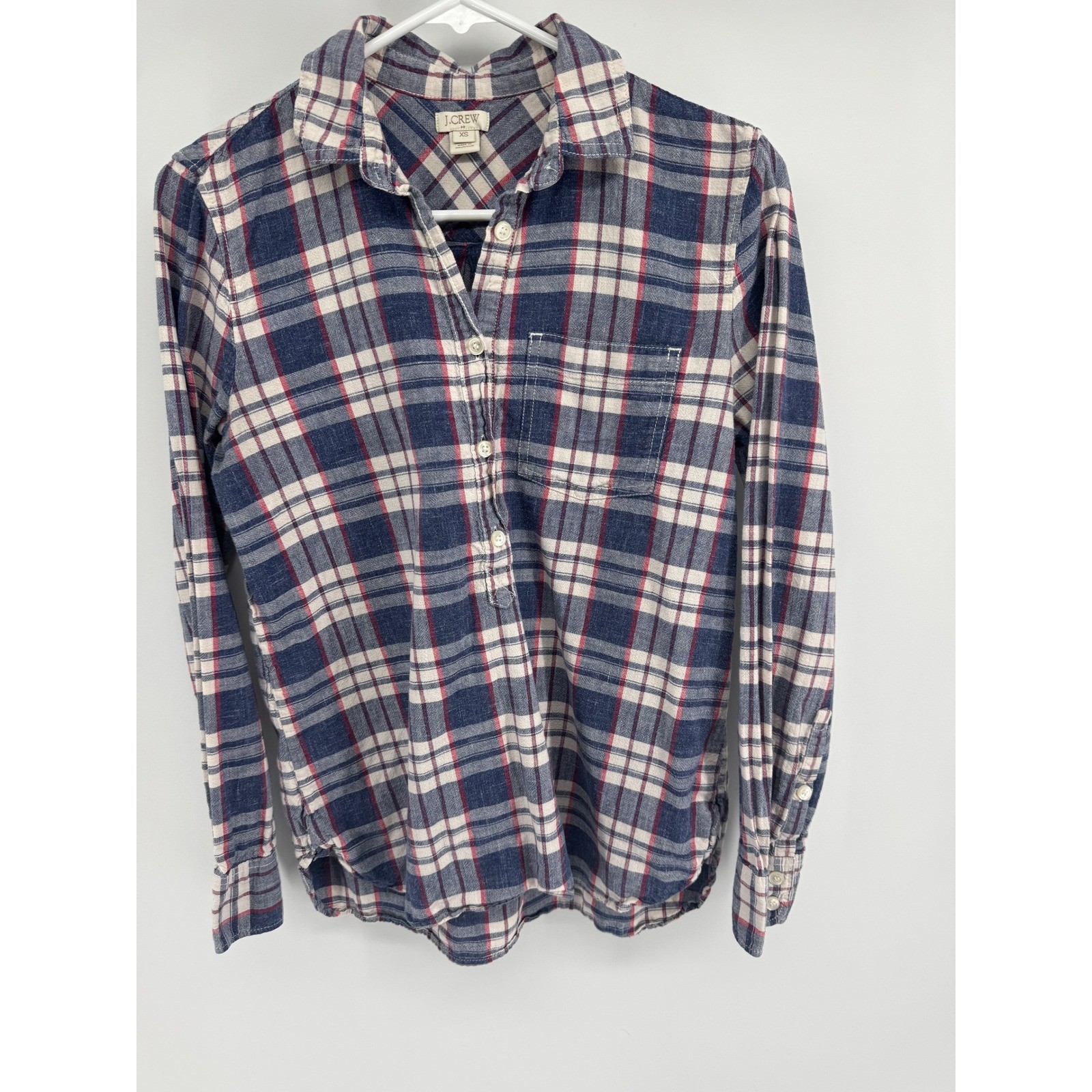 J.Crew Womens XS Plaid Popover Shirt Navy Blue Red Cotton Flannel
