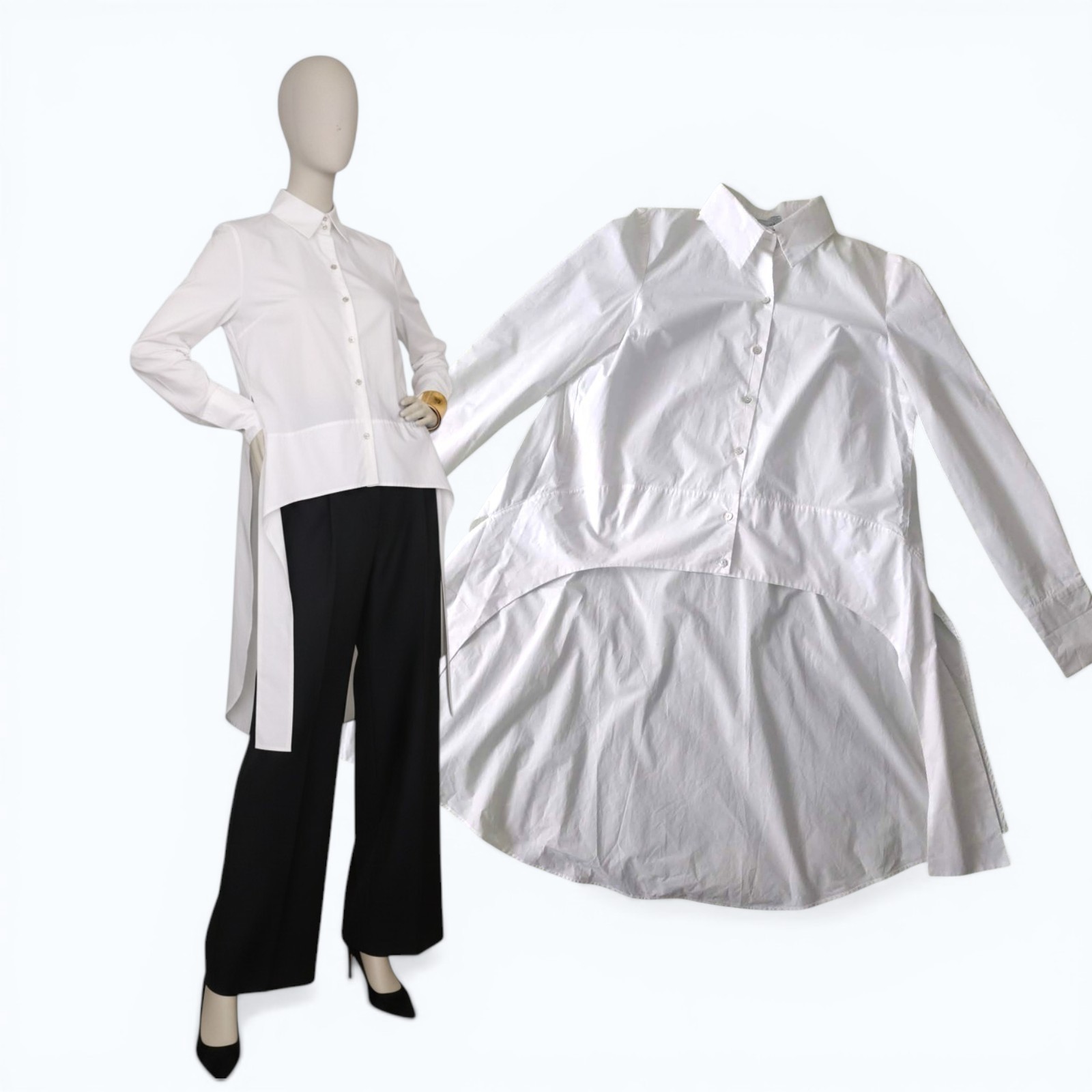 BALOSSA White Cotton Avant-Garde Shirt IT 42 EU 38 Extreme Asymmetric Tail Top