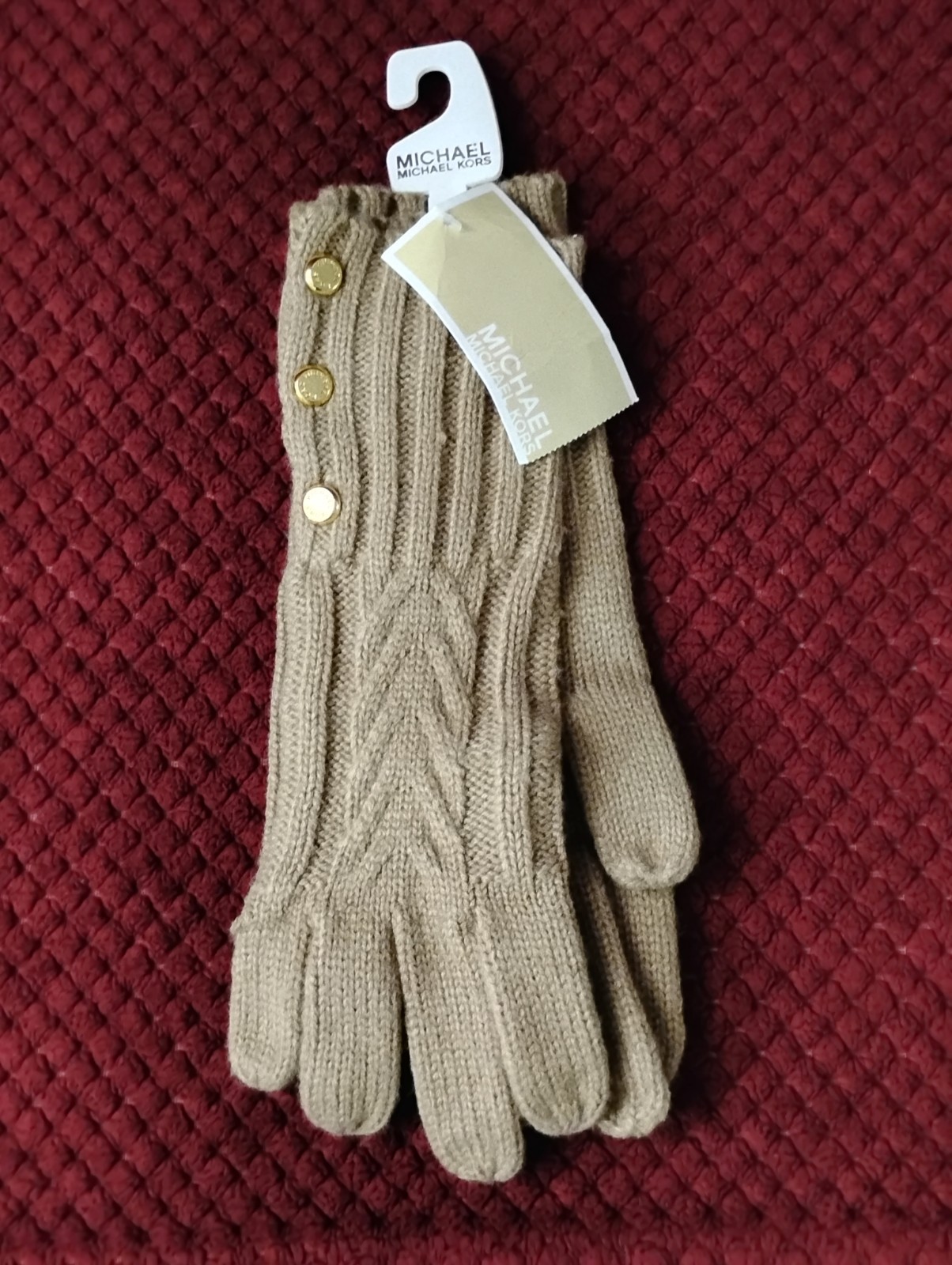 Michael Kors Camel Rib Knit Gold Button Accent Gloves, New