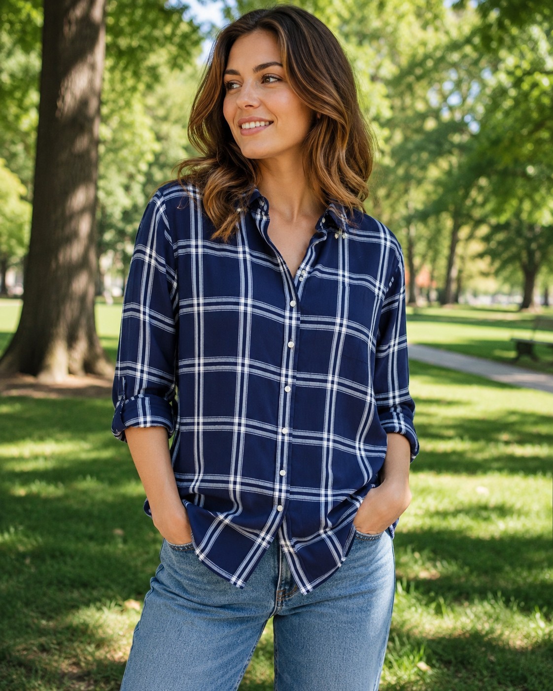 JACHS Girlfriend New York long sleeve flannel relaxed shirt top jacket shacket