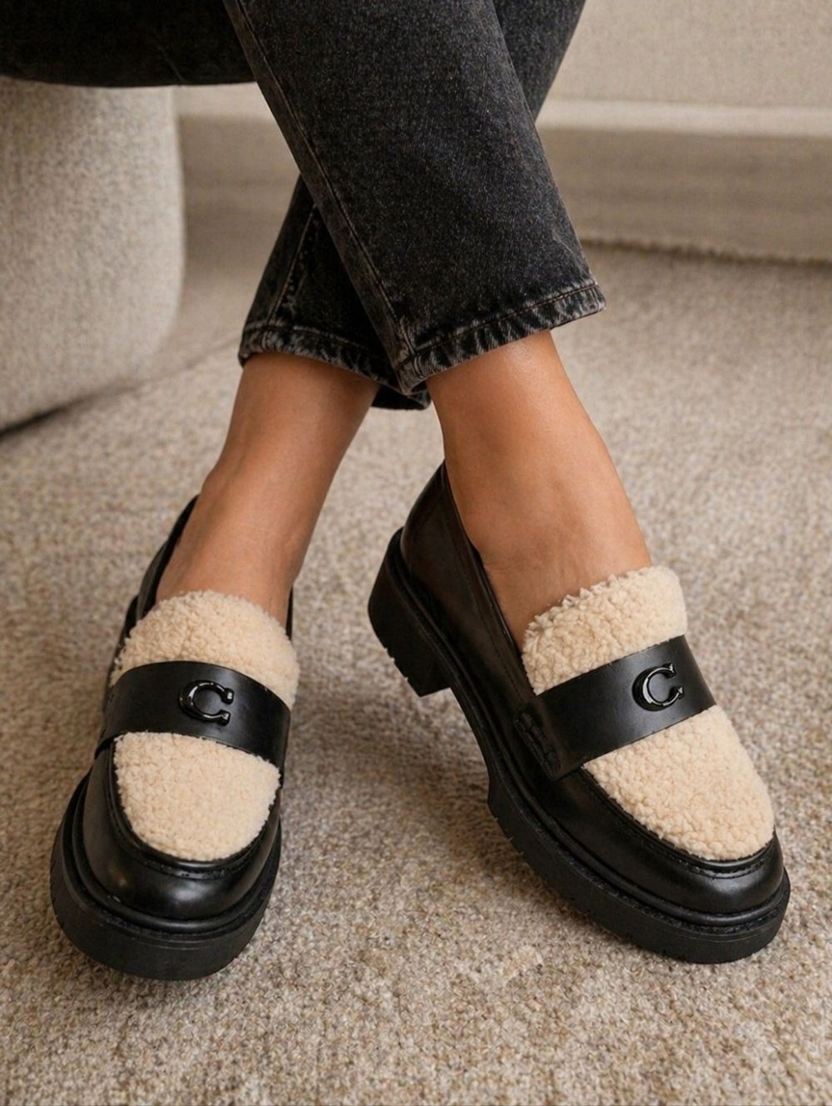 Coach Leah Shearling Platform Loafers Black Leather CX033 Size 8B NIB