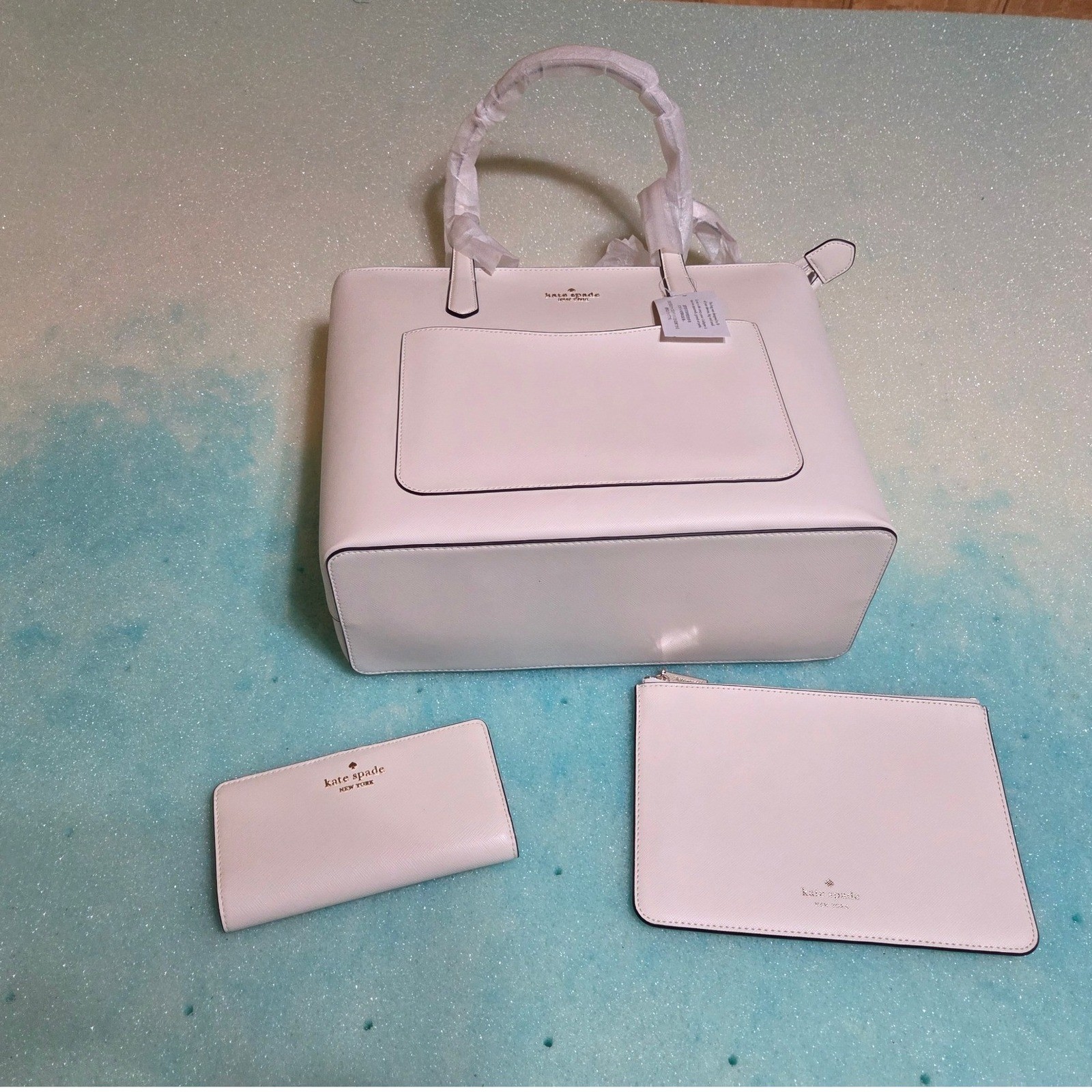 Kate Spade Staci Tote Set Meringue Cream Saffiano Leather Bag Pouch Wallet KF369