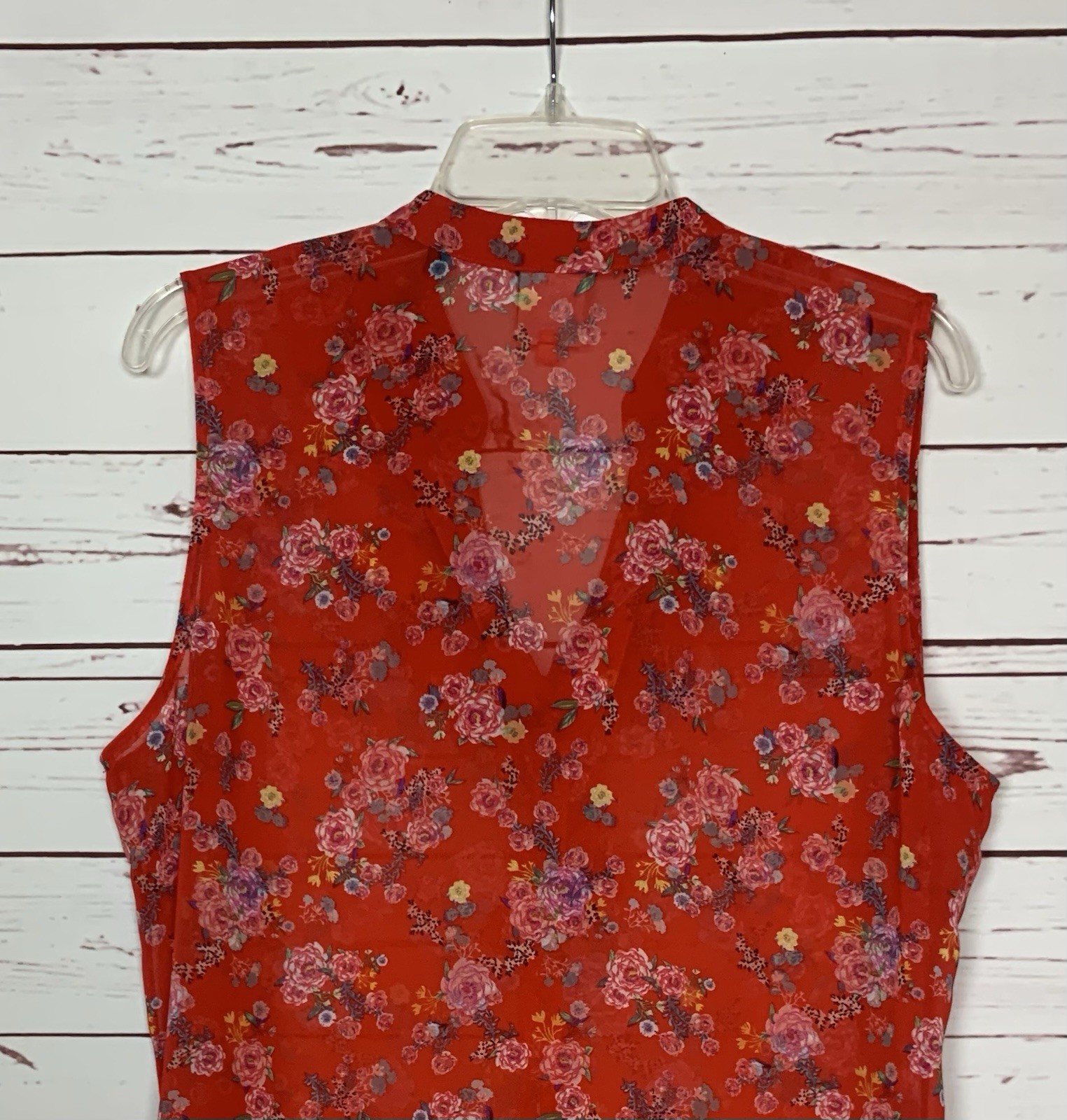 CAbi Women’s L Large Red Floral Ruffle Sleeveless Sheer Summer Top Blouse