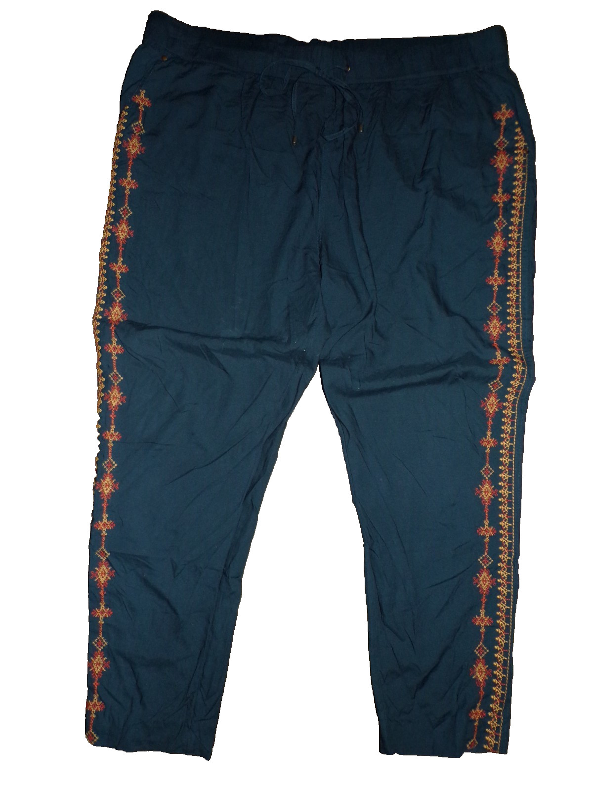 SUNDANCE Blue Embroidered Orange Pull On Pants Womens XXL Pockets Drawstring