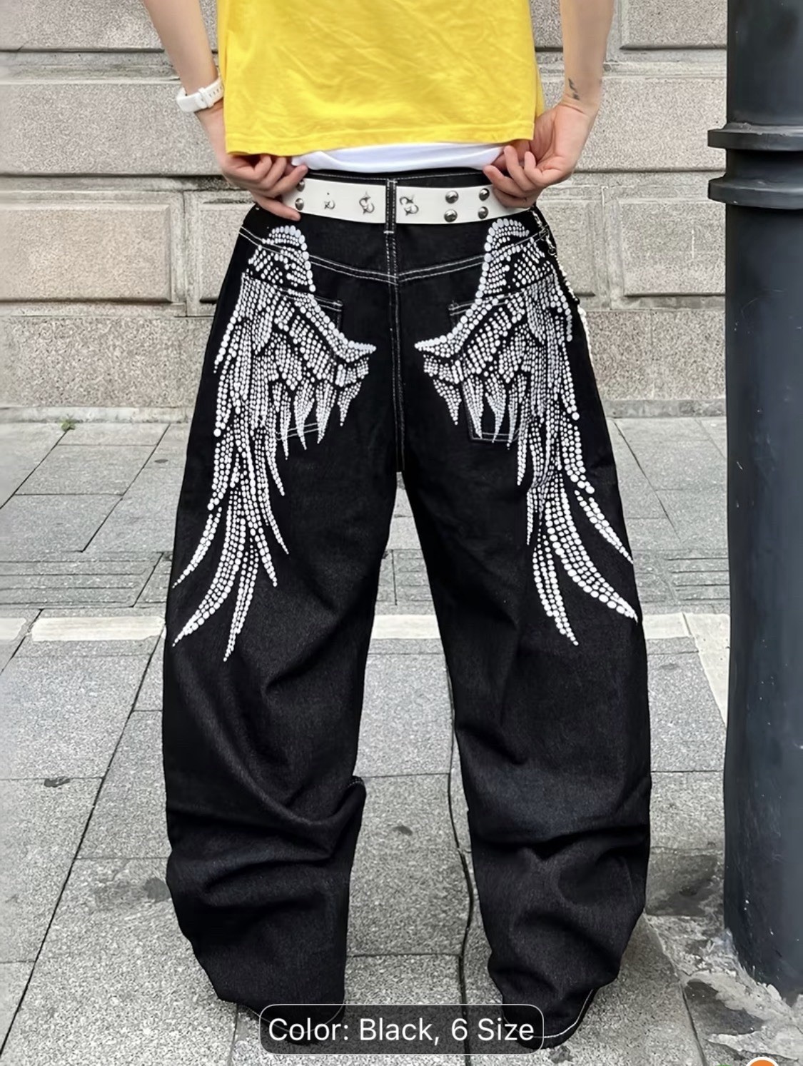 Men’s Black Dark Wash Denim Wide-Leg Relaxed Jeans Rhinestone Wing 5-Pocket