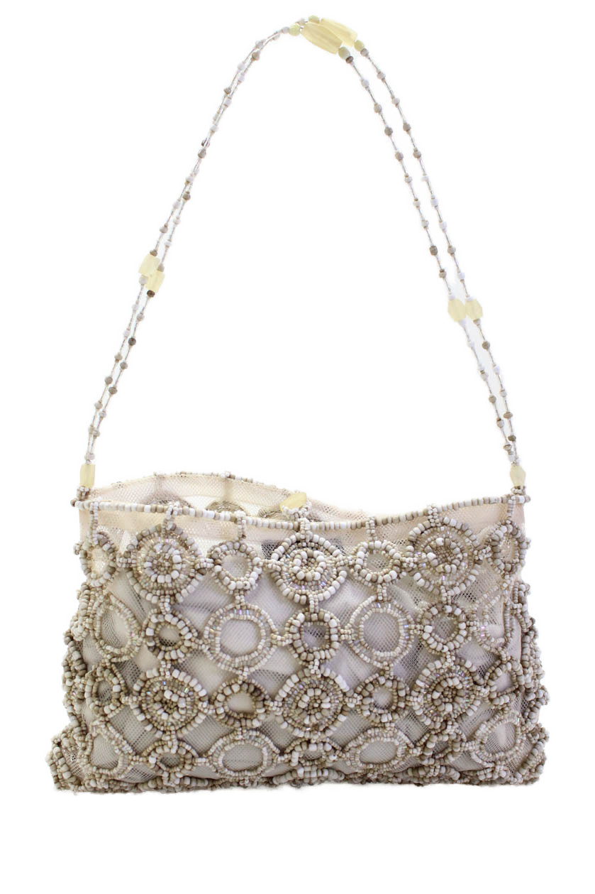 Maliparmi Womens Single Strap Beaded Mesh Small Shoulder Handbag White
