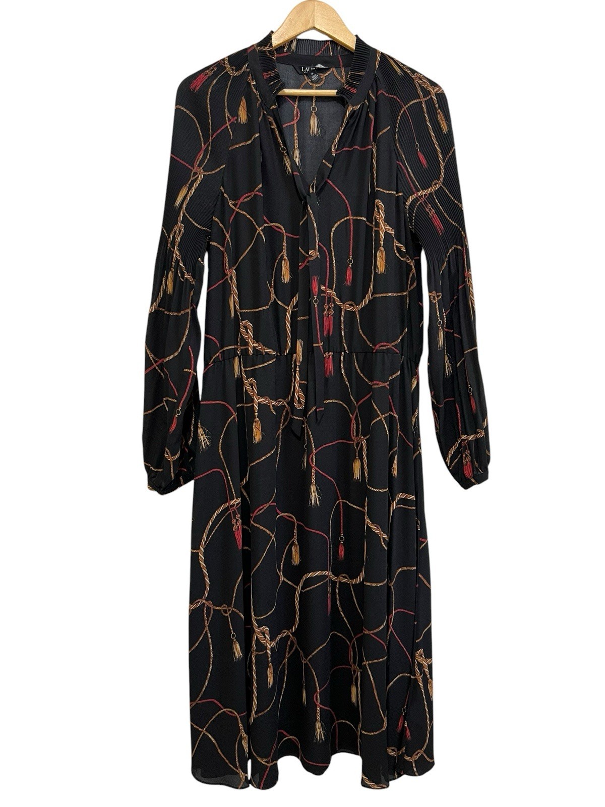 Lauren Ralph Lauren Black Tassel-Print Georgette Tie Neck Midi Dress Size 14